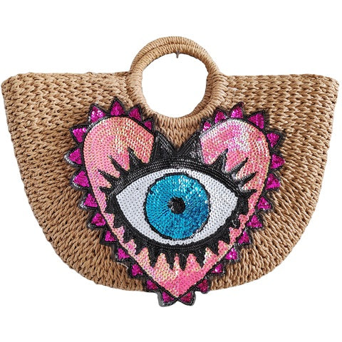 STRAW BASKET BAG WITH SEQUIN HEART & EYE