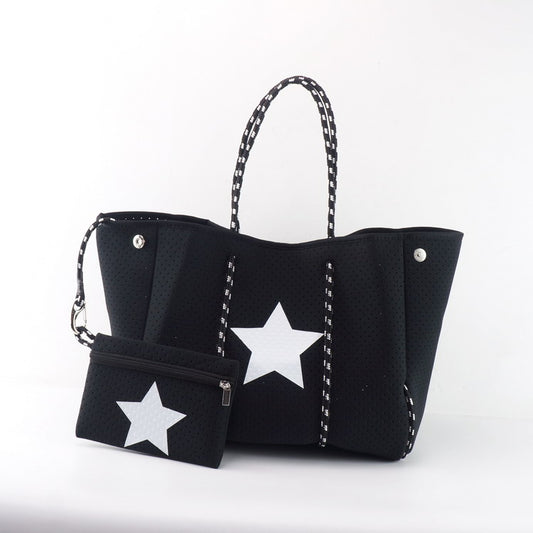 Black with star neoprene tote bag